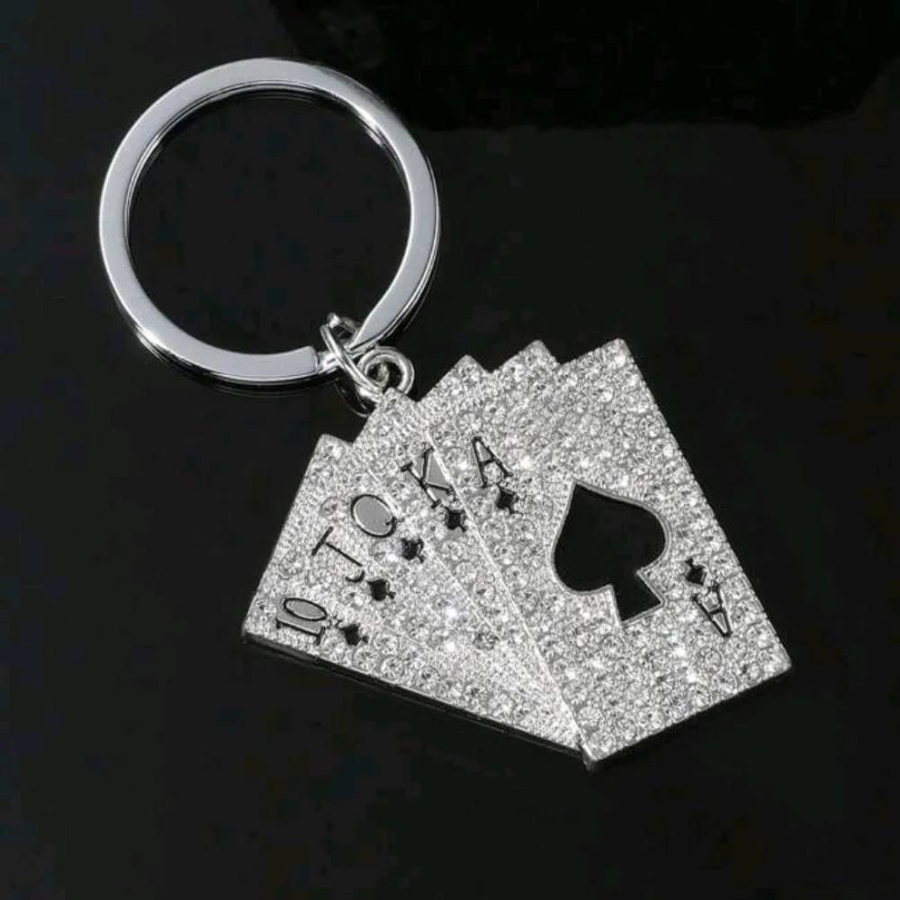 Sparkling Silver Rhinestones Playing Cards Keychain Spades Poker Key Ring Holder